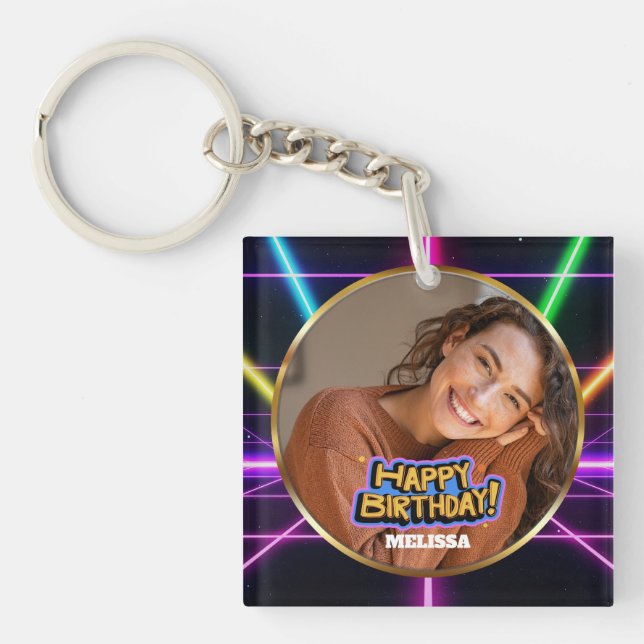 80s Neon Retro Custom Photo & Name Happy Birthday Key Ring (Front)