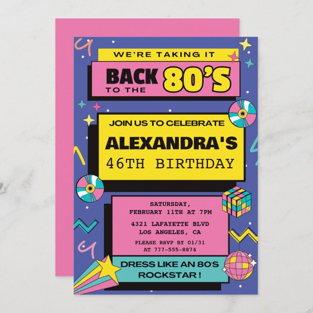 80s party Budget Retro 46th birthday invitations (Front/Back)