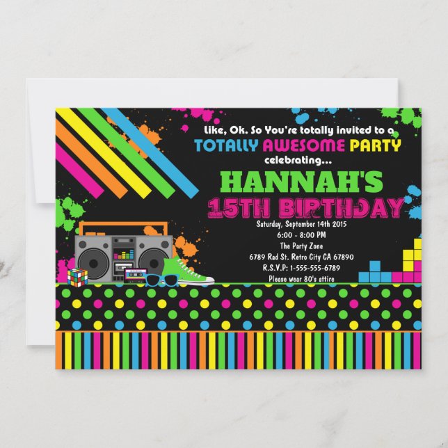 80's Party Invitation Birthday Party Personalised (Front)