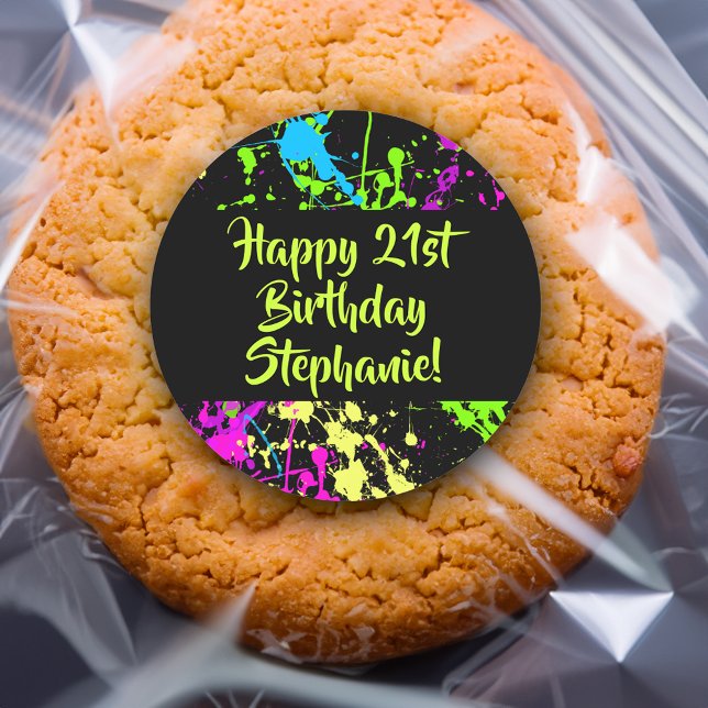 80s Party Retro Neon Paint Splatter Personalised Classic Round Sticker (custom 80s birthday party decorations favor sticker)