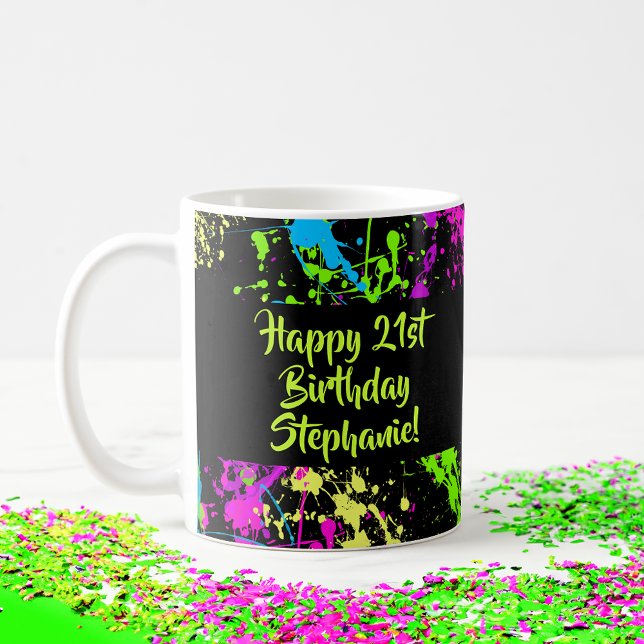 80s Party Retro Neon Paint Splatter Personalised Coffee Mug (colorful 80s custom birthday mug)