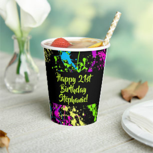 80s Party Retro Neon Paint Splatter Personalised Paper Cups