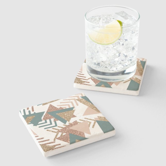 80s Retro Abstract | 70s Green and Gold Palette Stone Coaster (Side)