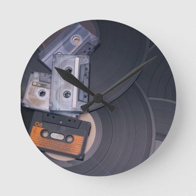 80's Retro Cassette Tapes and Vinyl Records Round Clock (Front)