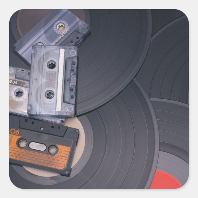80's Retro Cassette Tapes and Vinyl Records Square Sticker (Front)