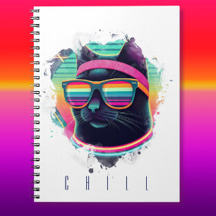 80s Retro Cool Cat with Sweatband and Sunglasses Notebook