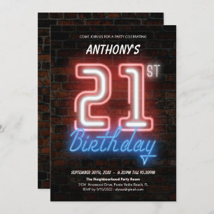 80s Retro Fun Neon Sign 21st Birthday Custom  Invitation