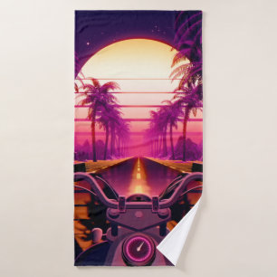 80s retro futuristic sci-fi background with motorc bath towel