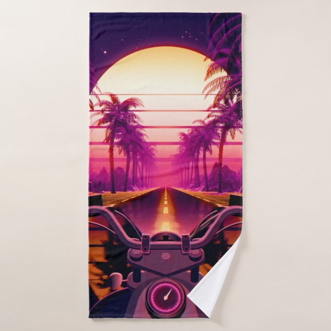 80s retro futuristic sci-fi background with motorc bath towel (Bath Towel)