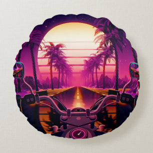 80s retro futuristic sci-fi background with motorc round cushion