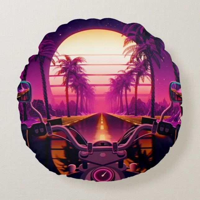 80s retro futuristic sci-fi background with motorc round cushion (Front)