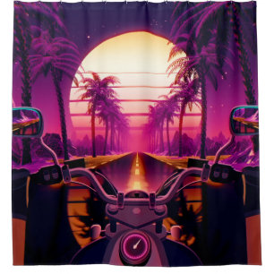 80s retro futuristic sci-fi background with motorc shower curtain