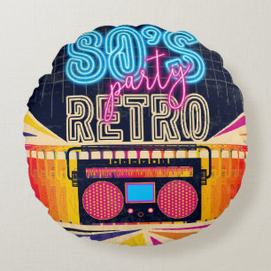 80s, retro music party. Old style poster. Disco fl Round Cushion