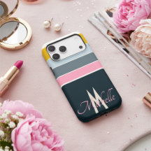 80s Retro Navy Pink Yellow Stripes Custom Monogram