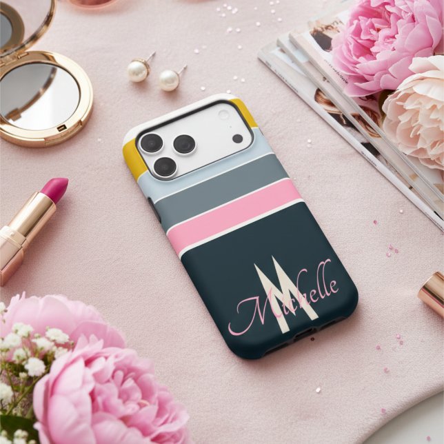 80s Retro Navy Pink Yellow Stripes Custom Monogram (Creator Uploaded)