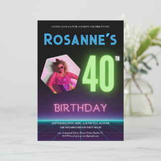 80s Retro Night Custom Photo Neon 40th Birthday Invitation
