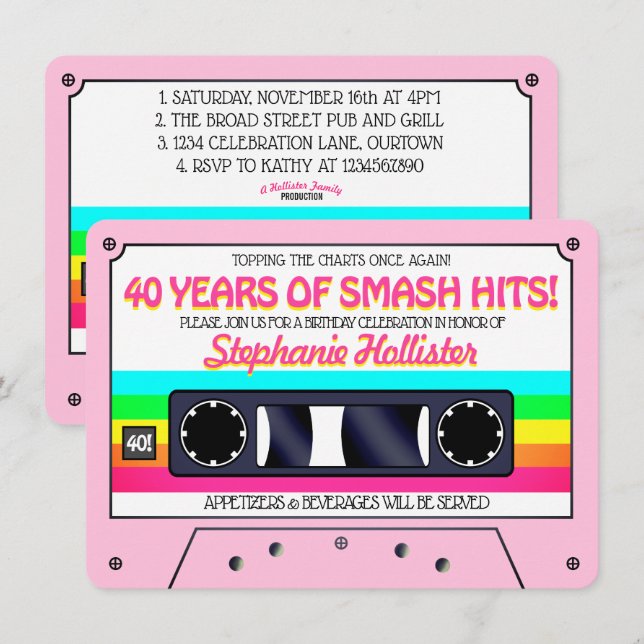 80's Retro Pink Neon Label Cassette Birthday Party Invitation (Front/Back)