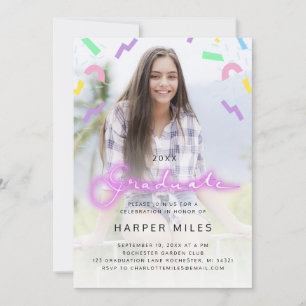 80s retro pink neon pastel graduation photo invitation