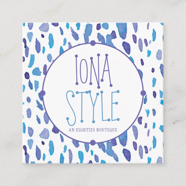 80s Retro Purple and Blue Spots Square Business Card (Front)