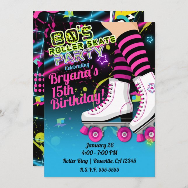 80's Retro Roller Skating Skate Birthday Party Inv Invitation (Front/Back)