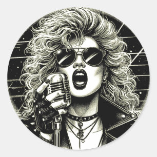 80s Rocker chick female singer ink illustration  Classic Round Sticker