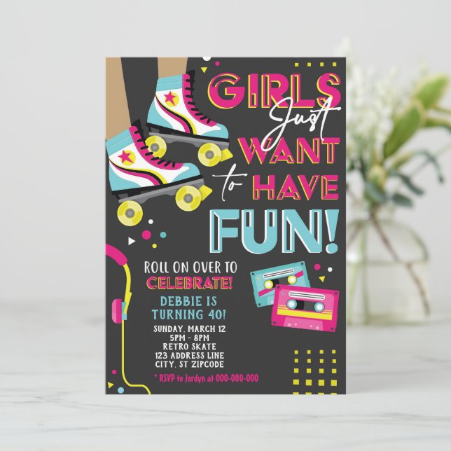80s Roller Skate Party Invitation, Skate Birthday Invitation (Standing Front)