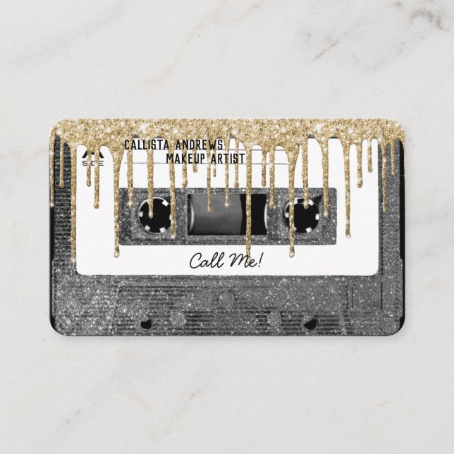 80's Silver Glitter Drip Cassette Tape Mixtape Business Card (Front)