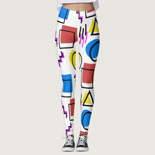 80s Shapes Pattern Leggings, Blue, Red and Yellow