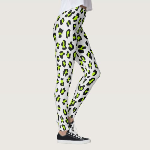 Neon Green and Black 80s Leopard Print on White Leggings