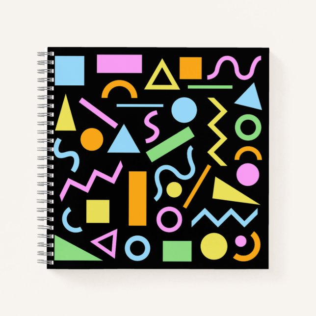 80s Style Shape Pattern Colour on Black Notebook (Front)