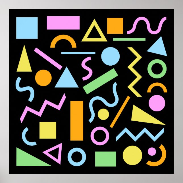 80s Style Shape Pattern Colour on Black Poster (Front)