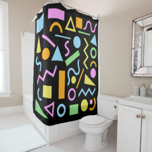 80s Style Shape Pattern Colour on Black Shower Curtain