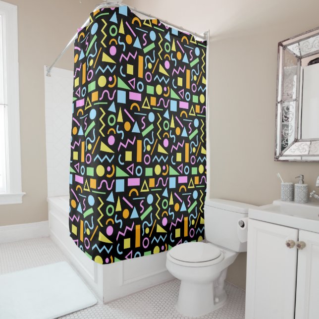 80s Style Shape Rpt Pattern Colour on Black Shower Curtain (In Situ)