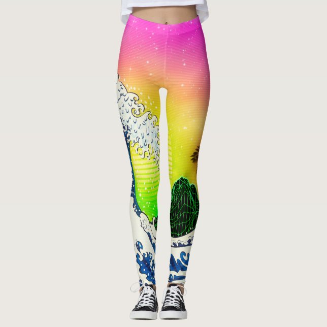 80s style The great wave and palm trees Leggings (Front)