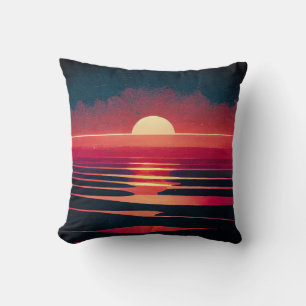 80s Synthwave Red Sea And Vintage Sunset Cushion