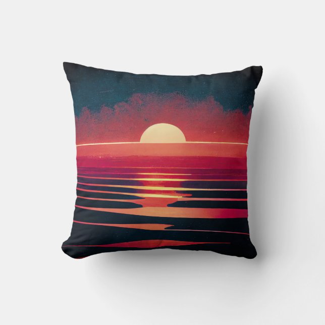 80s Synthwave Red Sea And Vintage Sunset Cushion (Front)