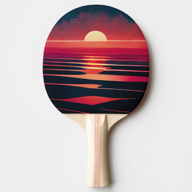 80s Synthwave Red Sea And Vintage Sunset Ping Pong Paddle (Front)