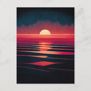80s Synthwave Red Sea And Vintage Sunset Postcard