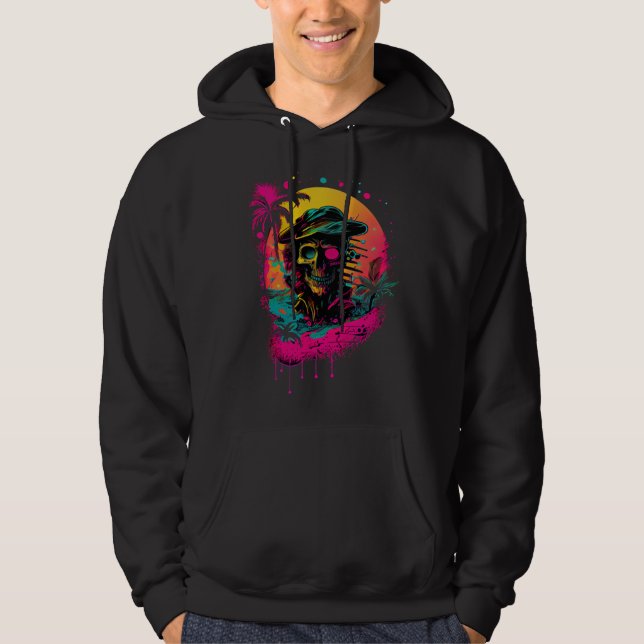 80s Synthwave Retrowave Pirate Skull Colorful Suns Hoodie (Front)
