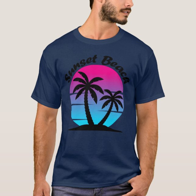80s Synthwave Sunset with palm trees Sunset Beach  T-Shirt (Front)
