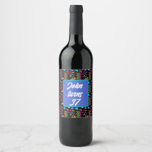 80's theme pattern retro black birthday wine label
