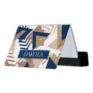 80s Trendy Abstract   Navy and Rose Gold Custom Desk Business Card Holder