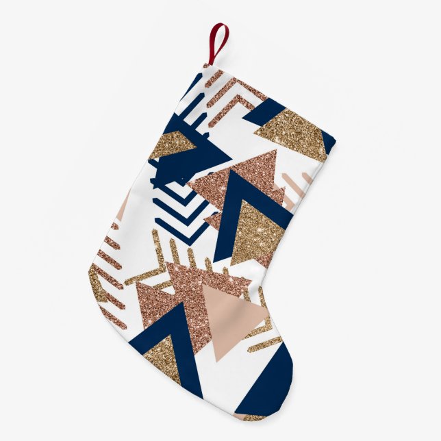 80s Trendy Abstract | Navy and Rose Gold Custom Small Christmas Stocking (Front (Hanging))