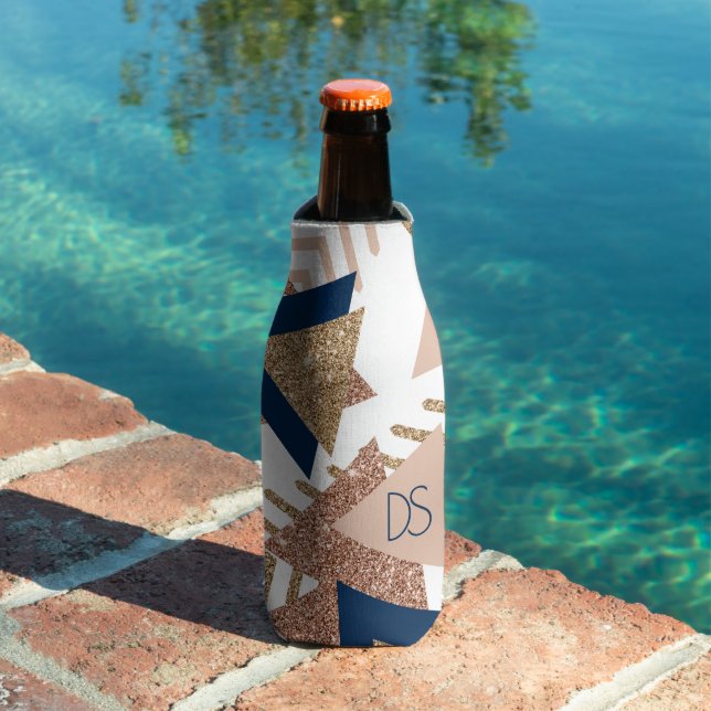 80s Trendy Abstract | Navy and Rose Gold Monogram Bottle Cooler (In Situ Pool)