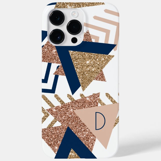 80s Trendy Abstract | Navy and Rose Gold Monogram Case-Mate iPhone Case (Back)