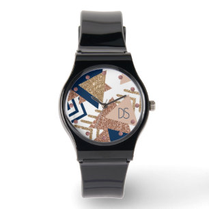 80s Trendy Abstract   Navy and Rose Gold Monogram Watch