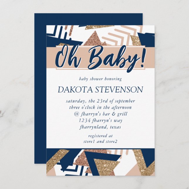 80s Trendy Abstract | Navy and Rose Gold Oh Baby Invitation (Front/Back)