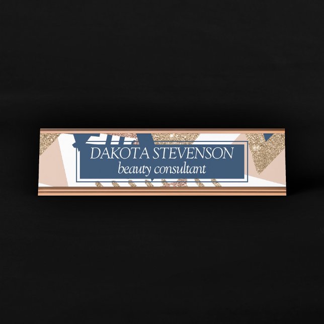 80s Trendy Abstract | Navy and Rose Gold Pattern Desk Name Plate (Creator Uploaded)