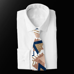 80s Trendy Abstract   Navy and Rose Gold Pattern Tie