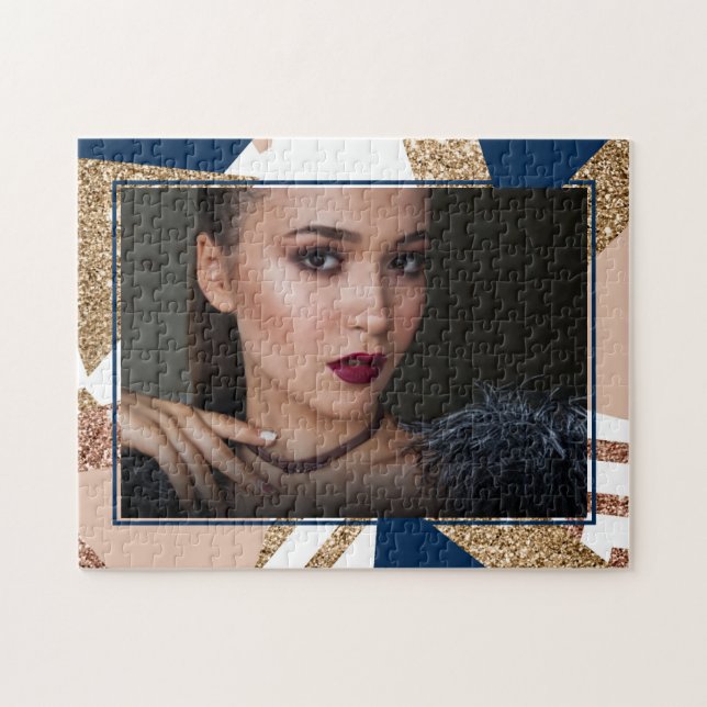 80s Trendy Abstract | Navy Rose Gold Grad Photo Jigsaw Puzzle (Horizontal)